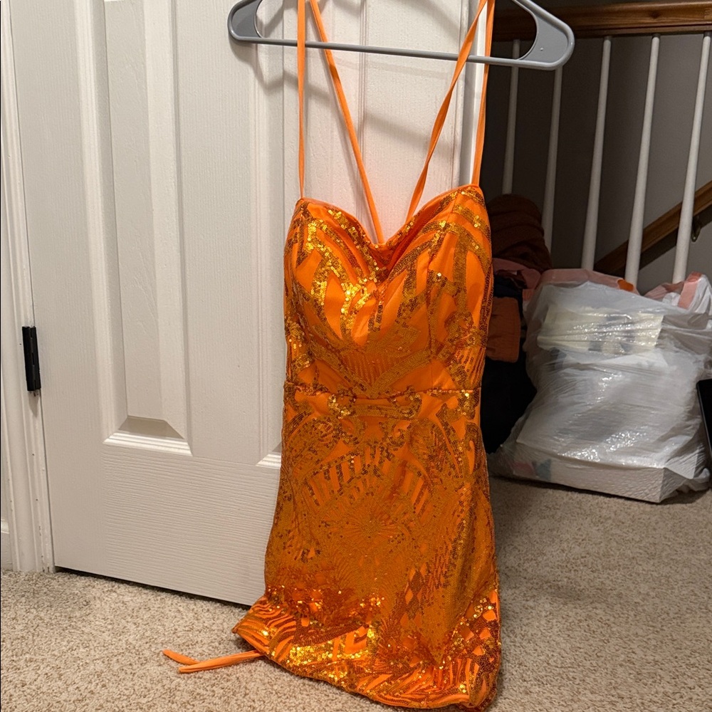 Orange Sequin Spaghetti-Strap Dress